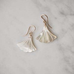 Art Deco Mother of Pearl Fan Earrings: 14k Gold Filled or Sterling Silver