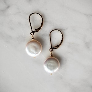 14K Gold Filled Coin Pearl Earrings: Dangle Freshwater Pearl Jewelry