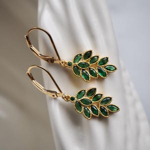 Shiny Gold Filled CZ Emerald Green Leaf Charm Earrings, Dainty Crystal Earrings, Sparkling Cubic Zirconia Drop Earrings, Gift for Her
