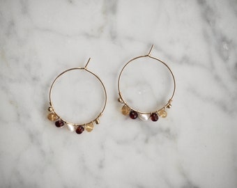 Dainty Gold Filled Gemstone Hoop Earrings, Small Hoops with Pearls and Gemstone, Citrine Garnet Pearl Earrings