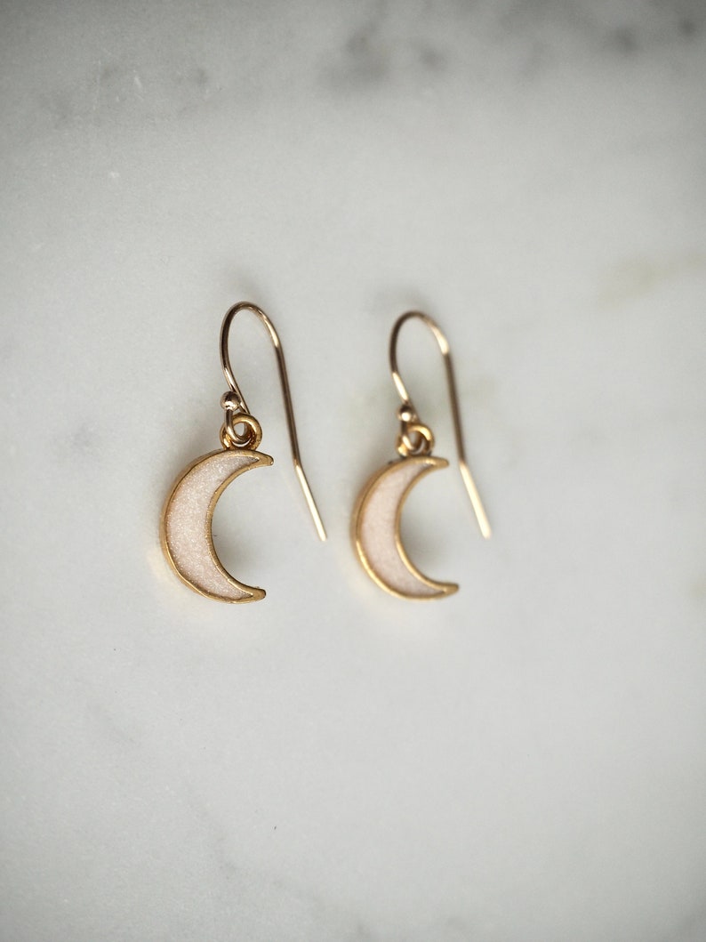 Dainty Minimalist 14 K Gold Filled Crescent Enamel Moon Charm Earrings image 2