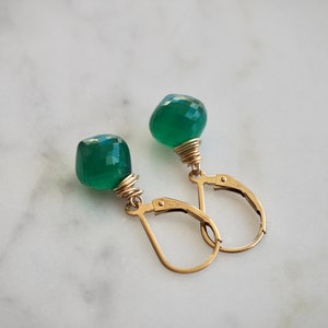 14 K Gold Filled Green Onyx Gemstone Teardrop Earrings, Dainty Emerald Green Teardrop Dangle Earrings image 10