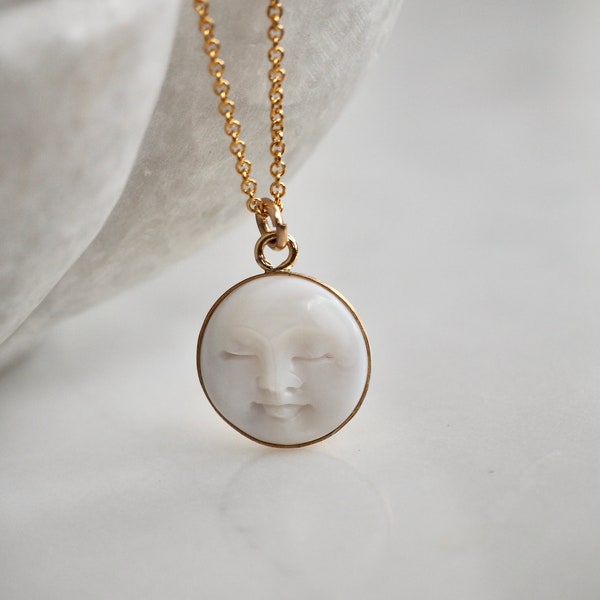 Pearl Moon Charm Necklace, Dainty 14K Gold Filled Necklace, Boho Layering Silver Necklace, Man in the Moon Carved Mother of Pearl Face