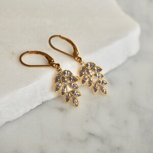 Shiny Gold Silver CZ Leaf Charm Earrings, Dainty Crystal Earrings, Sparkling Cubic Zirconia Drop Earrings image 7