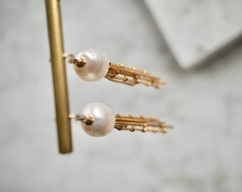 Dainty Long 14 K Gold Filled Drop Tassel White Freshwater Pearl Earrings