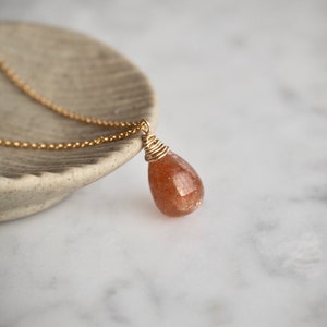Dainty Gemstone Teardrop Necklace, 14K Gold Filled Chain Necklace, Gift for Her, Layering Sunstone Necklace
