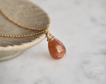 Dainty Gemstone Teardrop Necklace, 14K Gold Filled Chain Necklace, Gift for Her, Layering Sunstone Necklace