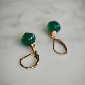 14 K Gold Filled Green Onyx Gemstone Teardrop Earrings, Dainty Emerald Green Teardrop Dangle Earrings image 7