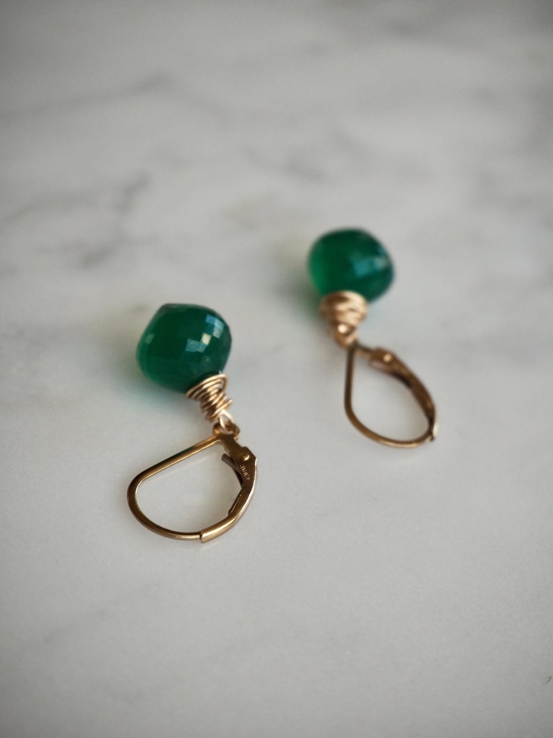 14 K Gold Filled Green Onyx Gemstone Teardrop Earrings, Dainty Emerald Green Teardrop Dangle Earrings image 7