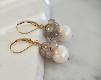 Dainty 14 K Gold Filled White Freshwater Pearl Gray Moonstone Gemstone Cluster Earrings