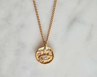 Gold Disc Eye Charm Necklace, Cubic Zirconia Coin Necklace, Dainty Gold Filled Evil Eye Pendant Necklace, Gift for Her