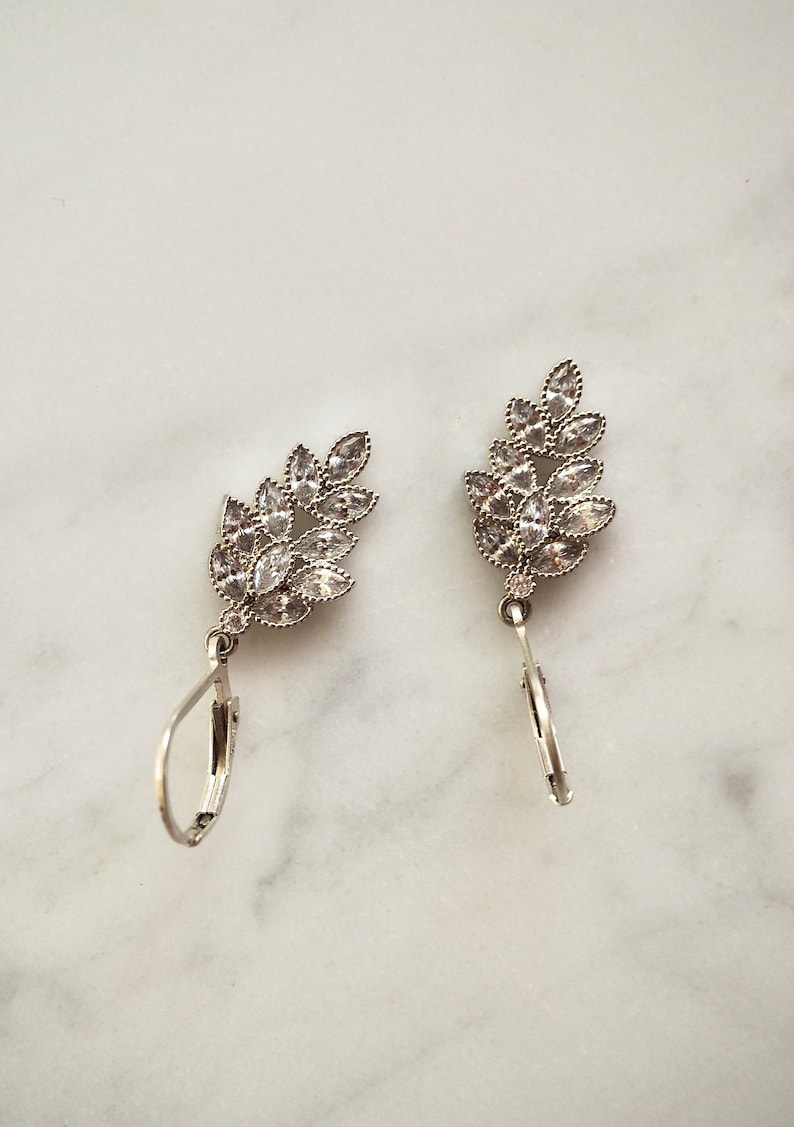 Shiny Gold Silver CZ Leaf Charm Earrings, Dainty Crystal Earrings, Sparkling Cubic Zirconia Drop Earrings image 6
