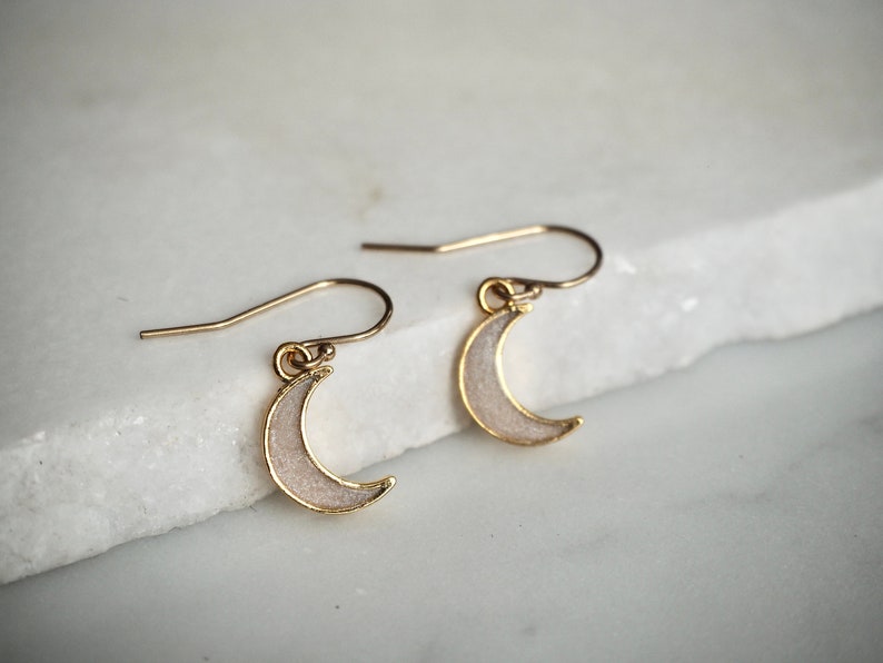 Dainty Minimalist 14 K Gold Filled Crescent Enamel Moon Charm Earrings image 3