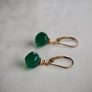 14 K Gold Filled Green Onyx Gemstone Teardrop Earrings, Dainty Emerald Green Teardrop Dangle Earrings image 5