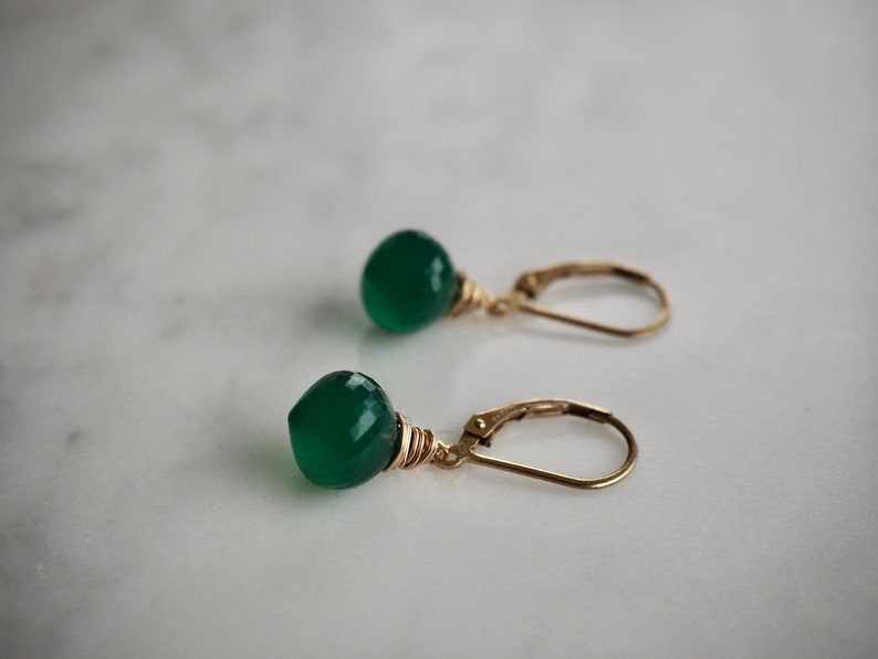 14 K Gold Filled Green Onyx Gemstone Teardrop Earrings, Dainty Emerald Green Teardrop Dangle Earrings image 5