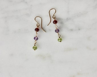 Minimalist Gemstone Earrings, Dainty Gold Dangle Earrings, Peridot Amethyst Garnet Earrings, Gold Filled Earrings, Multi Stone Drop Earrings