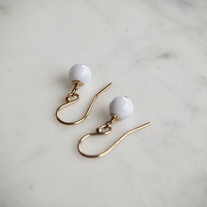 Petite Blue Lace Agate Gemstone Earrings,  Dainty 14 K Gold Filled Earrings, Drop Dangle Simple Minimal Earrings