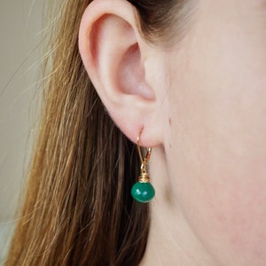 14 K Gold Filled Green Onyx Gemstone Teardrop Earrings, Dainty Emerald Green Teardrop Dangle Earrings image 3