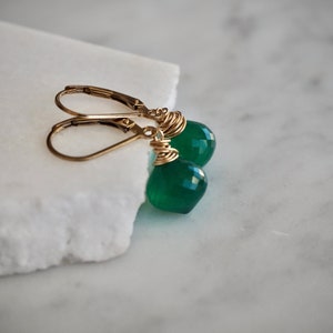 14 K Gold Filled Green Onyx Gemstone Teardrop Earrings, Dainty Emerald Green Teardrop Dangle Earrings image 9