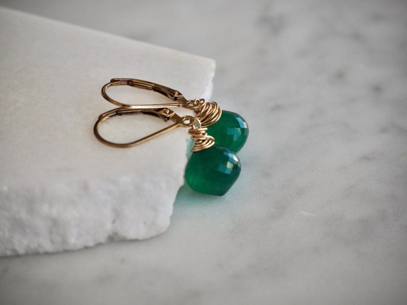 14 K Gold Filled Green Onyx Gemstone Teardrop Earrings, Dainty Emerald Green Teardrop Dangle Earrings image 9