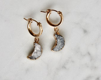 Moon Earrings, Crescent Moon Hoops, Druzy Earrings, Quartz Agate Moon Jewelry, Gift For Her, Gold Hoop Boho Huggies