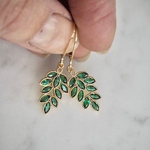 Shiny Gold Filled CZ Leaf Charm Earrings, Dainty Crystal Earrings, Sparkling Cubic Zirconia Drop Earrings