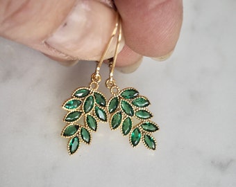 Shiny Gold Filled CZ Leaf Charm Earrings, Dainty Crystal Earrings, Sparkling Cubic Zirconia Drop Earrings