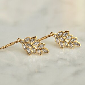 Shiny Gold Silver CZ Leaf Charm Earrings, Dainty Crystal Earrings, Sparkling Cubic Zirconia Drop Earrings image 4