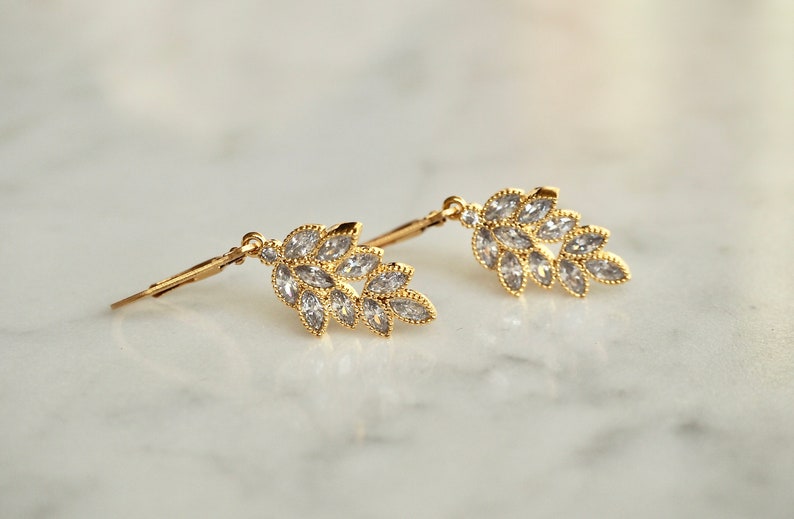 Shiny Gold Silver CZ Leaf Charm Earrings, Dainty Crystal Earrings, Sparkling Cubic Zirconia Drop Earrings image 4