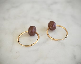 14 K Gold Filled Hoops, Dainty Endless Forest Agate Hoop Earrings, Minimalist Earrings, Plum Gemstone Earrings