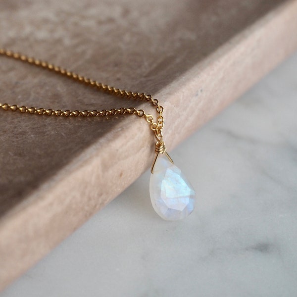 Dainty Delicate Gold Filled Gemstone Teardrop Rainbow Moonstone Necklace