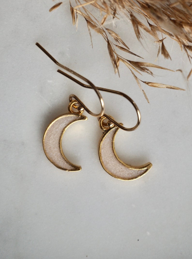 Dainty Minimalist 14 K Gold Filled Crescent Enamel Moon Charm Earrings image 6