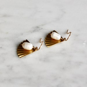 Pearl Earrings, Dainty Gold Filled Fan Earrings, Pearl Drop Earrings, Art Deco Earrings, Wedding Earrings image 9
