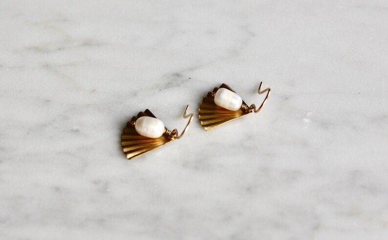 Pearl Earrings, Dainty Gold Filled Fan Earrings, Pearl Drop Earrings, Art Deco Earrings, Wedding Earrings image 9