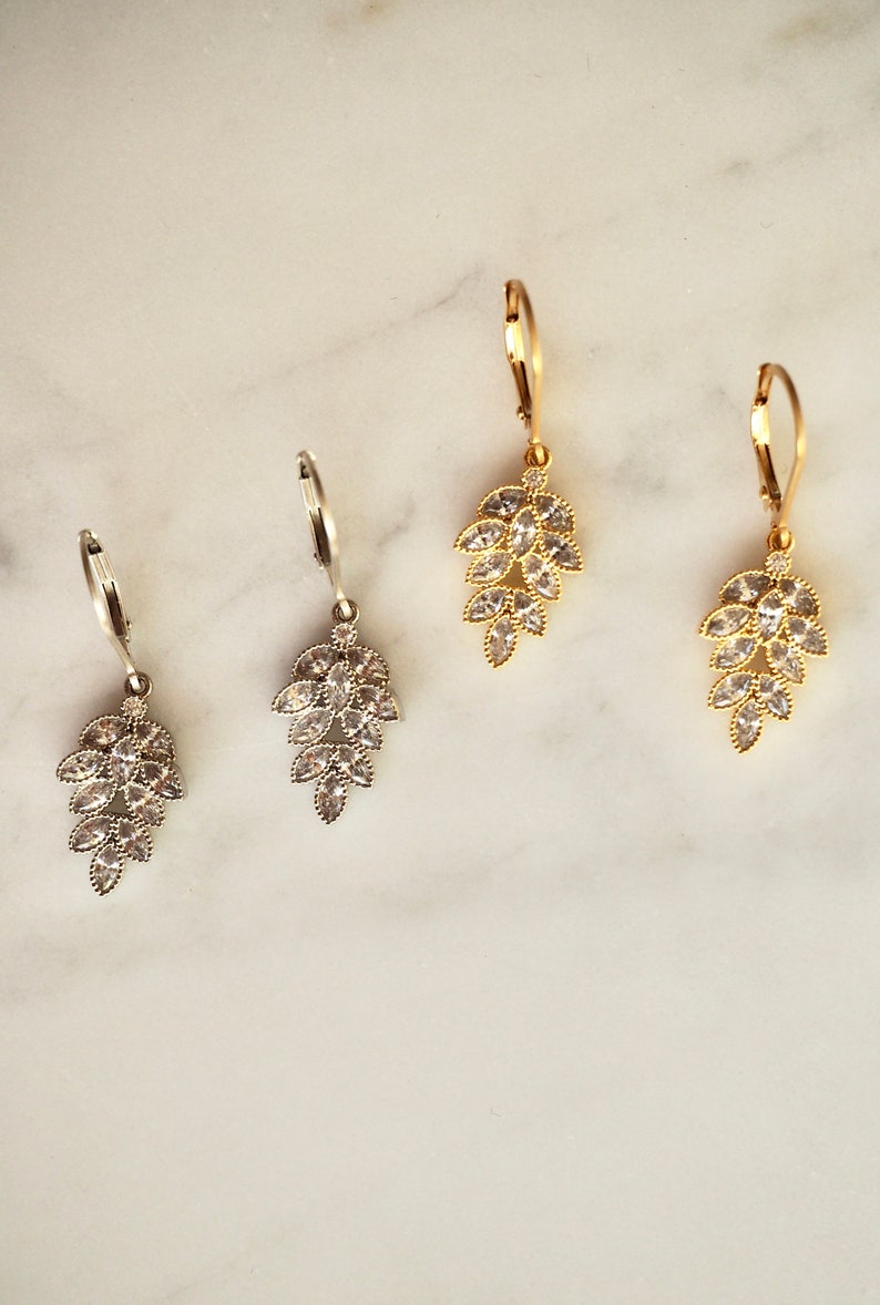 Shiny Gold Silver CZ Leaf Charm Earrings, Dainty Crystal Earrings, Sparkling Cubic Zirconia Drop Earrings image 5