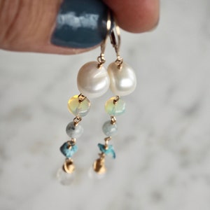 Gold Filled Gemstone Dangle Earrings: Pearl, Opal, Aquamarine, Turquoise