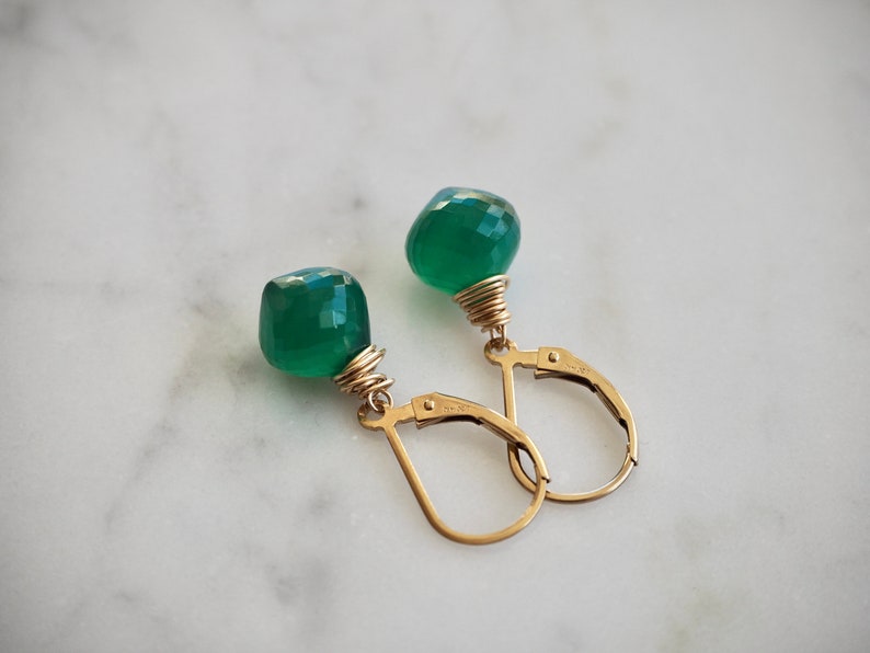 14 K Gold Filled Green Onyx Gemstone Teardrop Earrings, Dainty Emerald Green Teardrop Dangle Earrings image 6