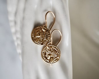 Dainty Gold Ancient Greek Coin Earrings, Small 14 K Gold Filled Disc Earrings, Petite Earrings