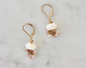 Gemstone Earrings, Dainty Gold Filled Earrings, Natural Coral and Pink Opal Earrings, Cluster Dangle Earrings, Cascade Earrings