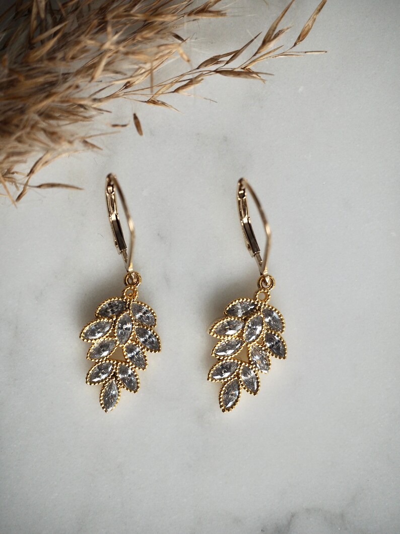 Shiny Gold Silver CZ Leaf Charm Earrings, Dainty Crystal Earrings, Sparkling Cubic Zirconia Drop Earrings image 1