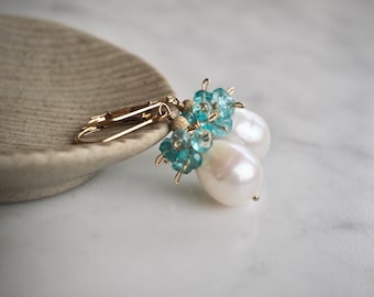 Dainty 14 K Gold Filled White Freshwater Pearl Blue Apatite Gemstone Cluster Earrings