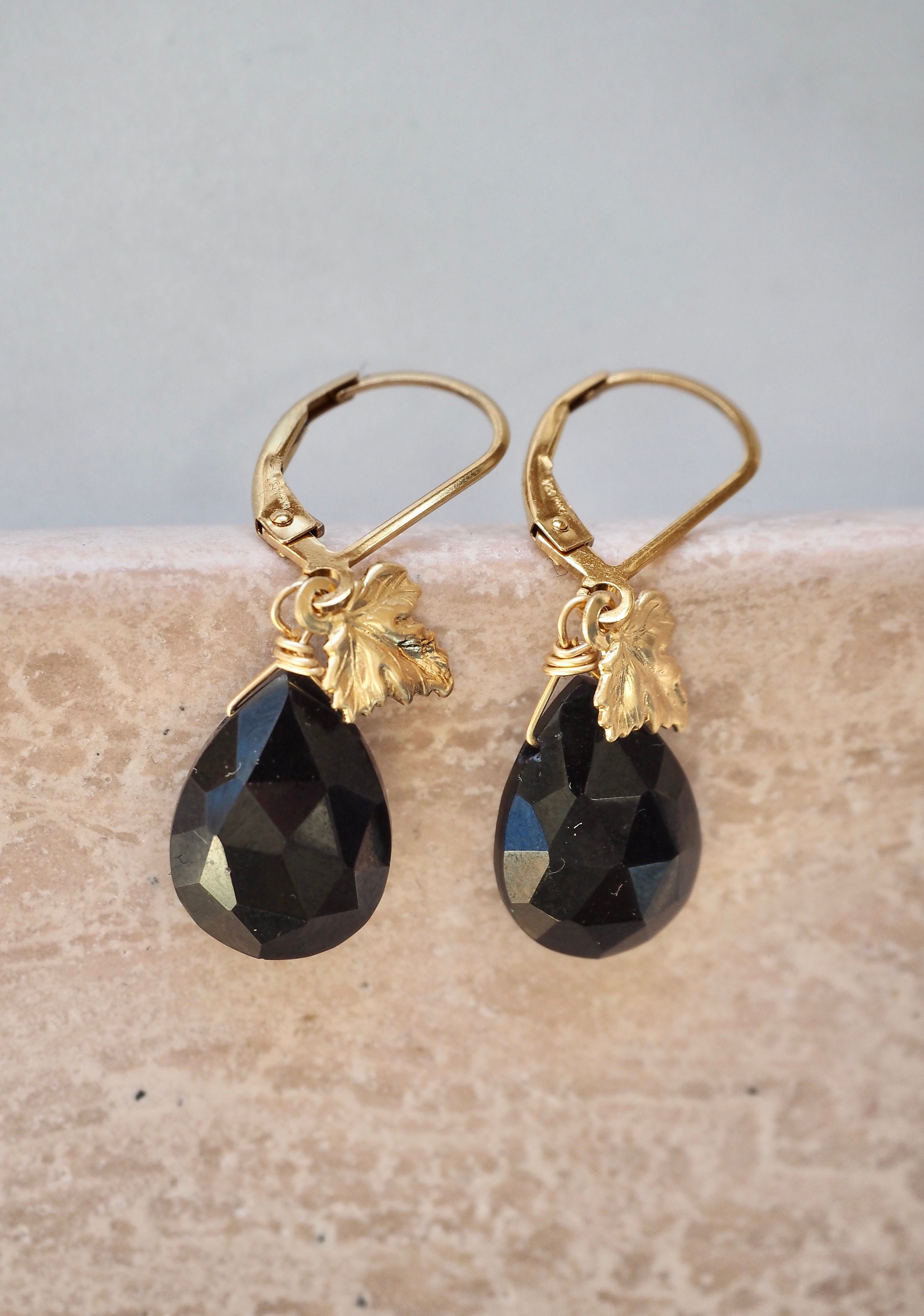Black Spinel Earrings 14 k Gold Filled Earrings Dainty | Etsy