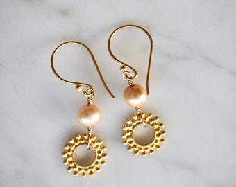 Dainty Sun Beam Pearl Drop Earrings, Gift for Her, Celestial Pearl Earrings, Celestial Jewelry, Pearl Earrings, Sun Boho Earrings