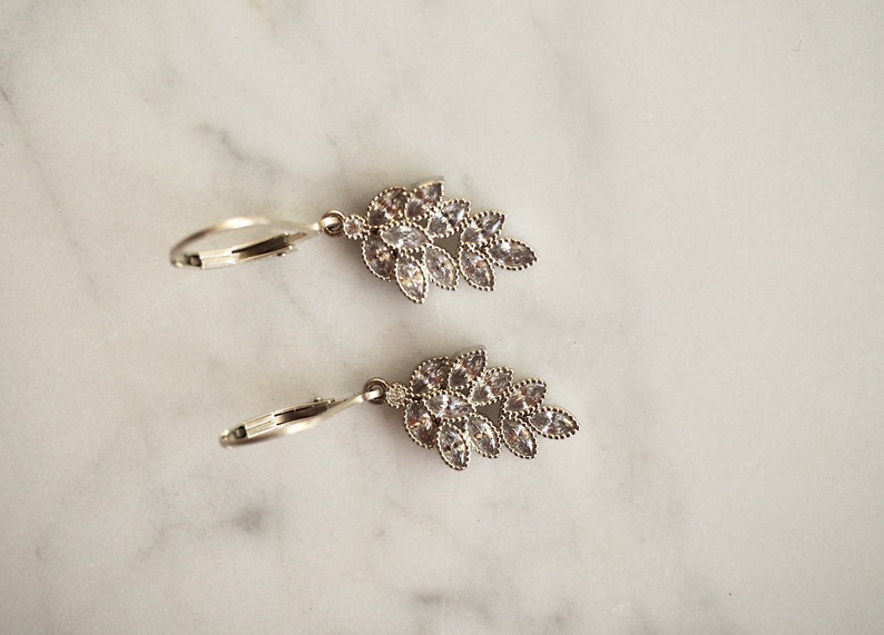 Shiny Gold Silver CZ Leaf Charm Earrings, Dainty Crystal Earrings, Sparkling Cubic Zirconia Drop Earrings image 8