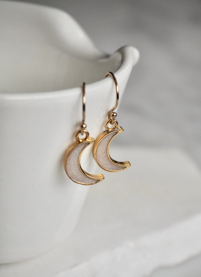 Dainty Minimalist 14 K Gold Filled Crescent Enamel Moon Charm Earrings image 5