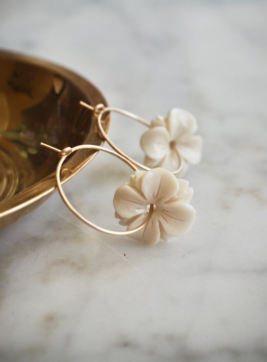 Gold Flower Hoop Earrings, Ivory White Hydrangea Lotus Flower Earrings