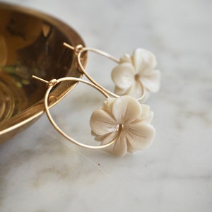 Hydrangea Flower Hoop Earrings: 14k Gold Filled, Ivory Resin