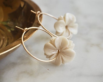 Gold Flower Hoop Earrings, Ivory White Hydrangea Lotus Flower Earrings, Silver Flower Earrings, Rose Gold Flower Hoops