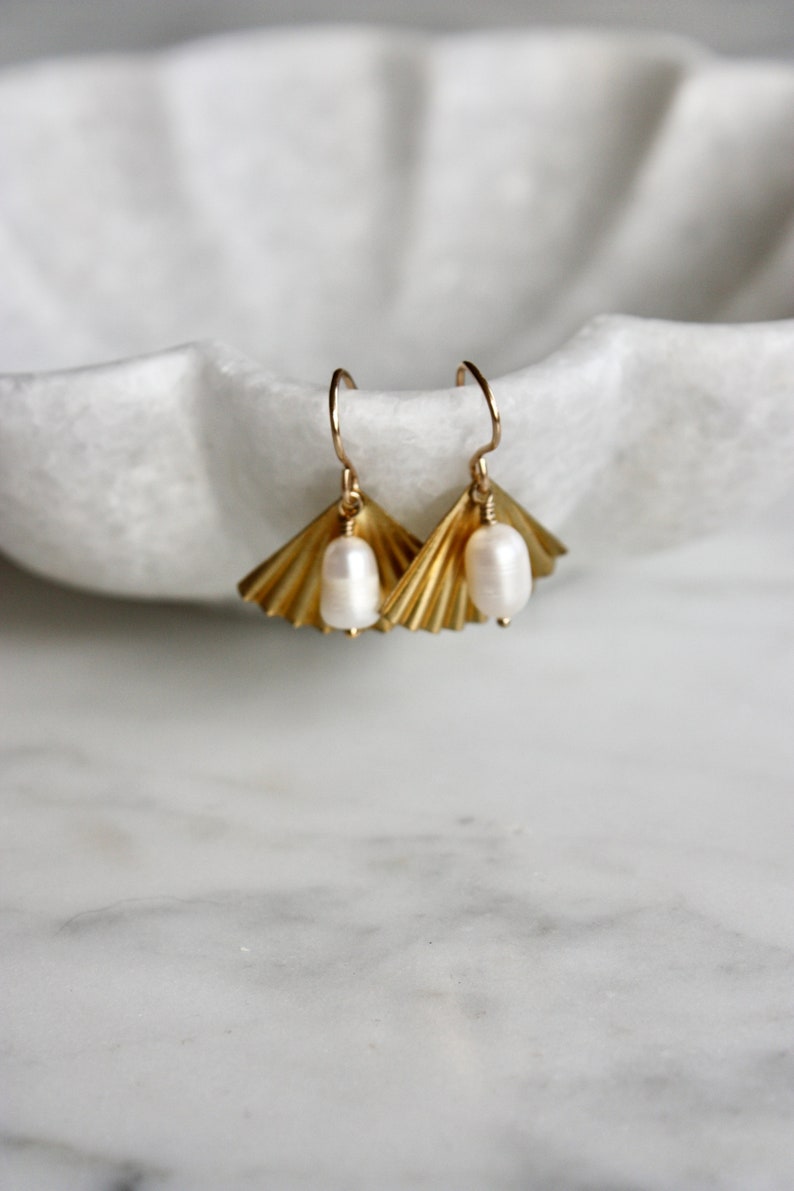 Pearl Earrings, Dainty Gold Filled Fan Earrings, Pearl Drop Earrings, Art Deco Earrings, Wedding Earrings image 3