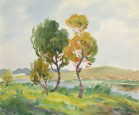The railroad in autumn Original Watercolor Painting Russia Landscape Peterhof